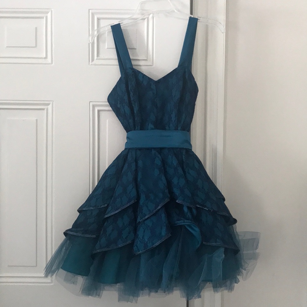 Peacock colored homecoming / prom dress